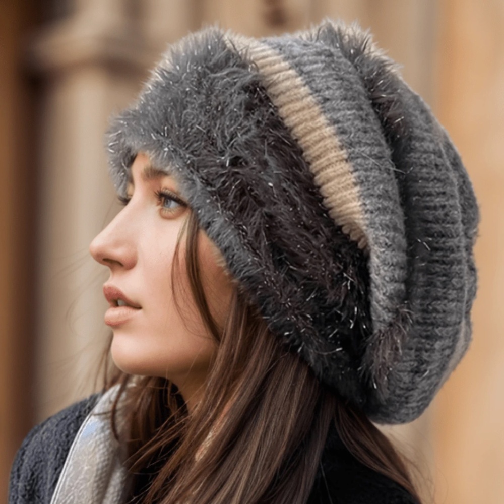 BellanBlue Faux Fur Trim Gray Slouchy Knit Beanie with Tan Stripe